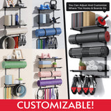 Crostice Wall-Mounted Home Gym Storage Shelf – Adjustable Fitness Equipment Organizer with Shelves, Hooks & Yoga Mat Holder (Black)