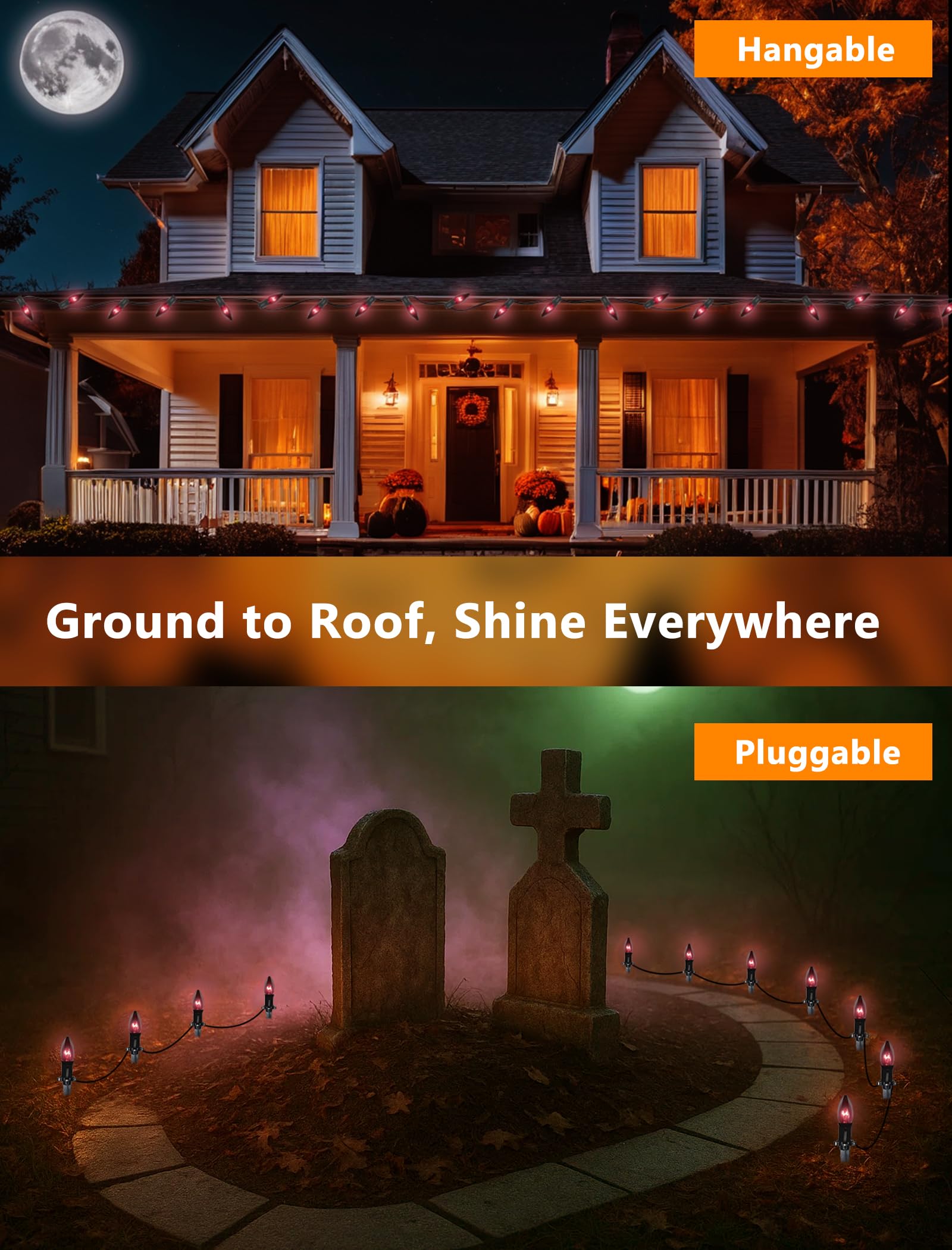 Halloween C9 Dark Purple String Lights – 25Ft Black Wire, 25 Bulbs, UL Listed Outdoor & Indoor Party Décor
