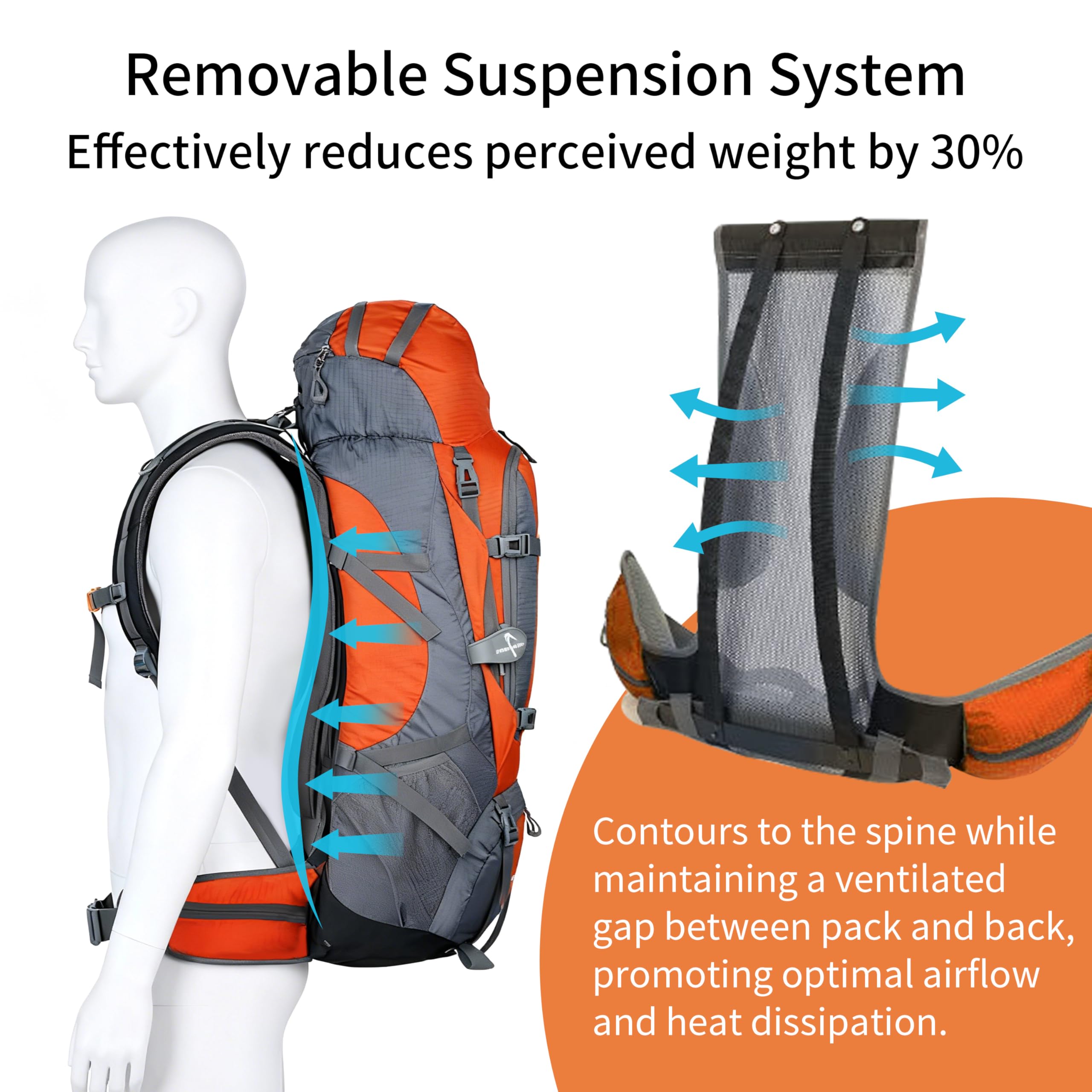 Tgpao 80L Waterproof Hiking Backpack with Air Cushion Suspension – Large Capacity Trekking Rucksack, Lake Blue