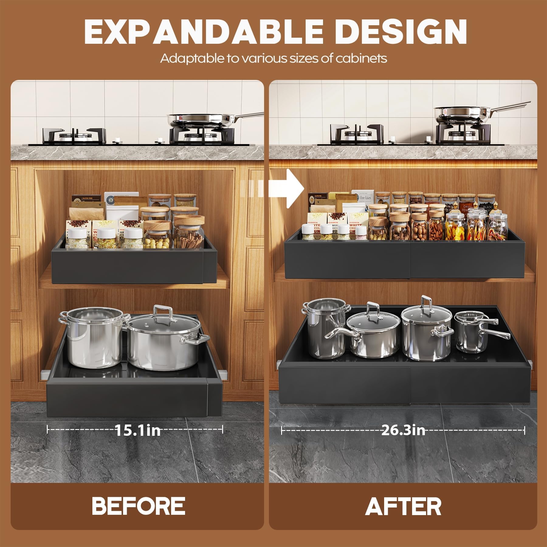 Extra-Wide Expandable Pull-Out Cabinet Organizer – 21” Deep 3-Rail Slide-Out Drawer (Black, 2-Pack)