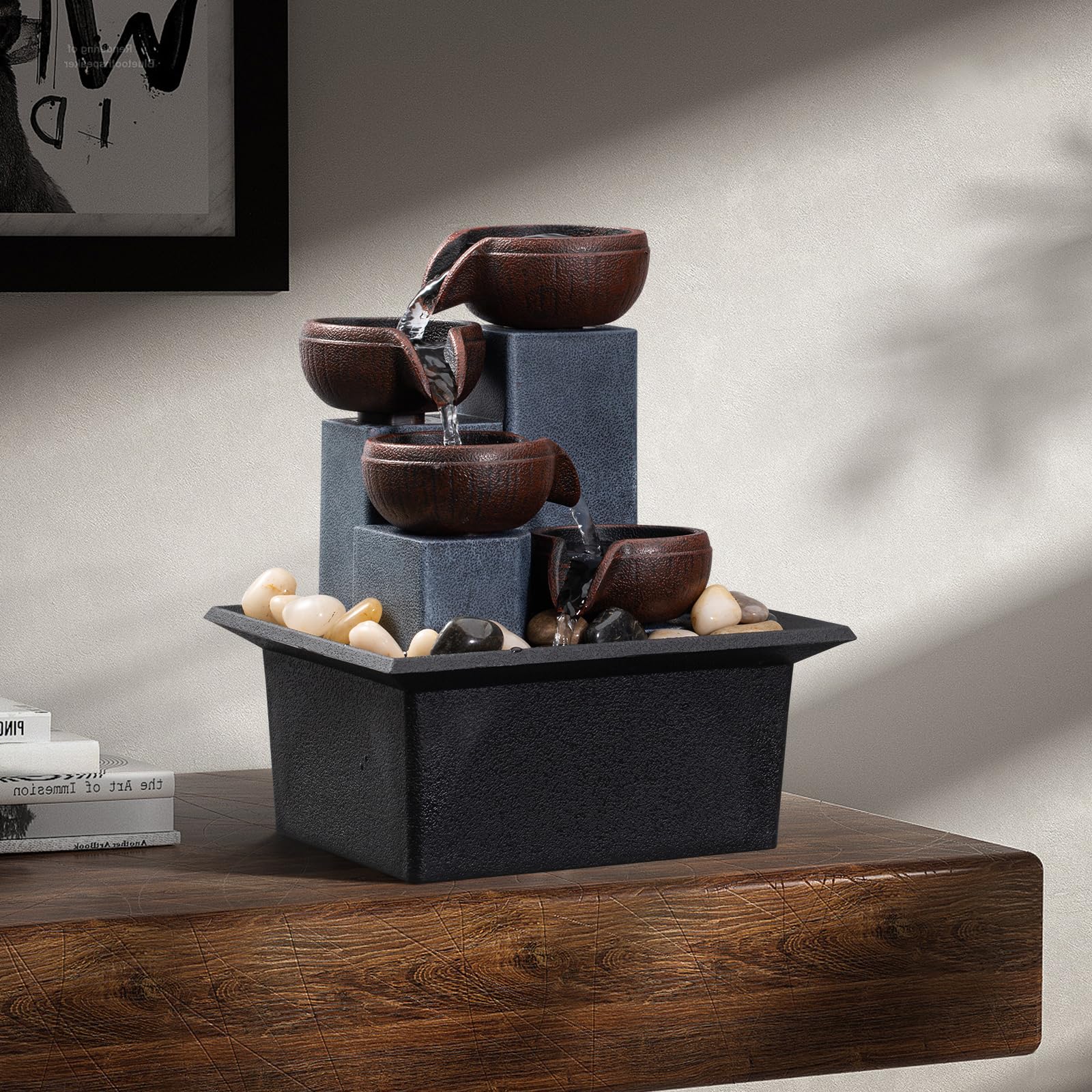 4-Level Tabletop Waterfall Fountain with LED Light & Natural Rocks – Indoor Meditation Decor (Brown)