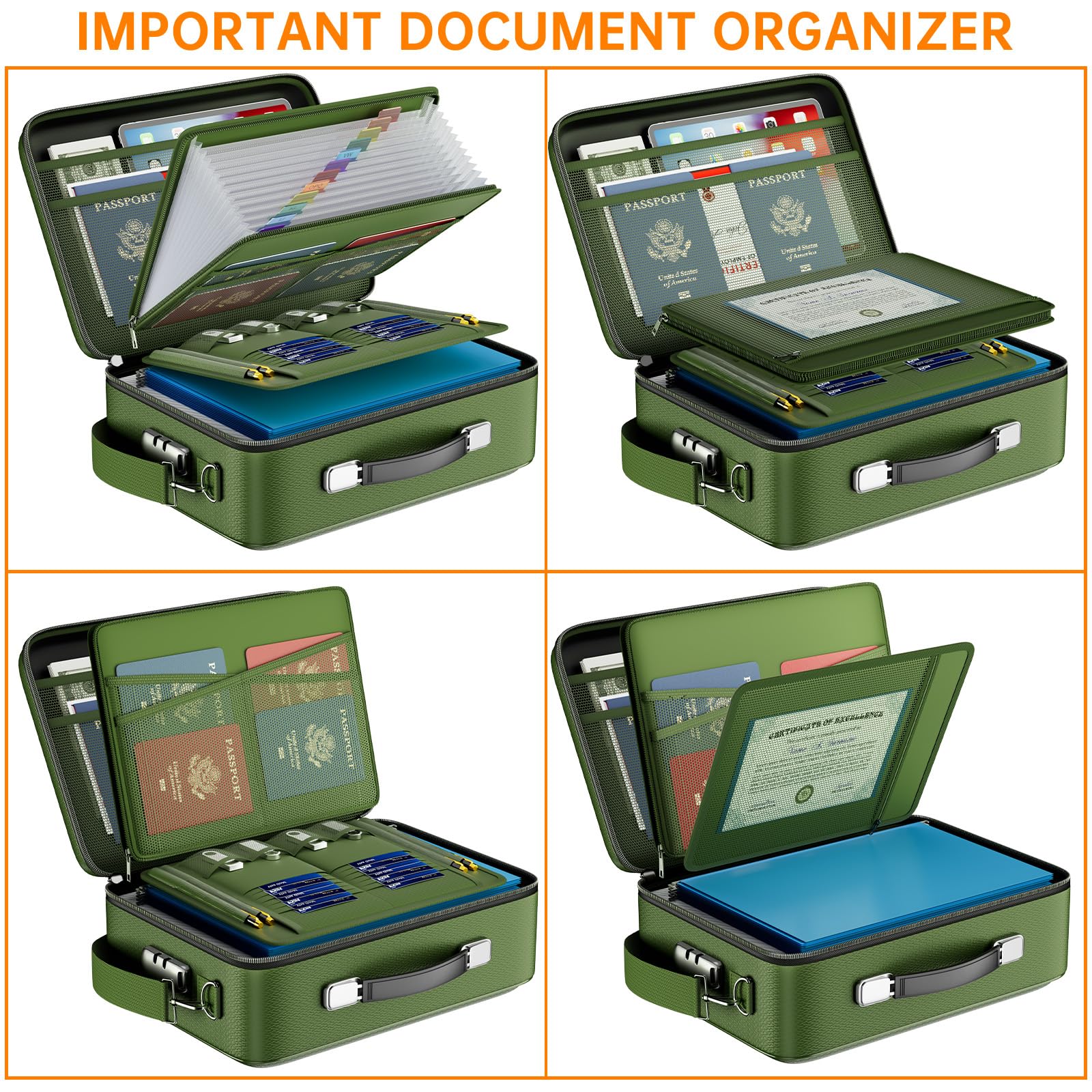 DOCSAFE Fireproof Hard-Shell Document Box with Lock – Portable File Organizer for Home, Office & Travel (Green)