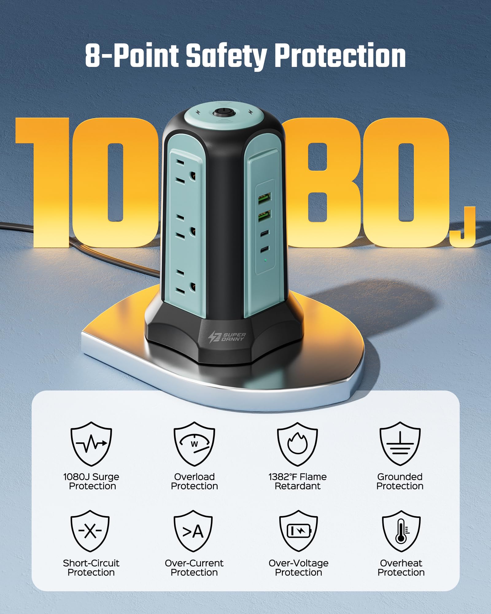 Surge Protector Tower with Wireless Charger – 9 AC Outlets, 4 USB Ports & 10Ft Extension Cord