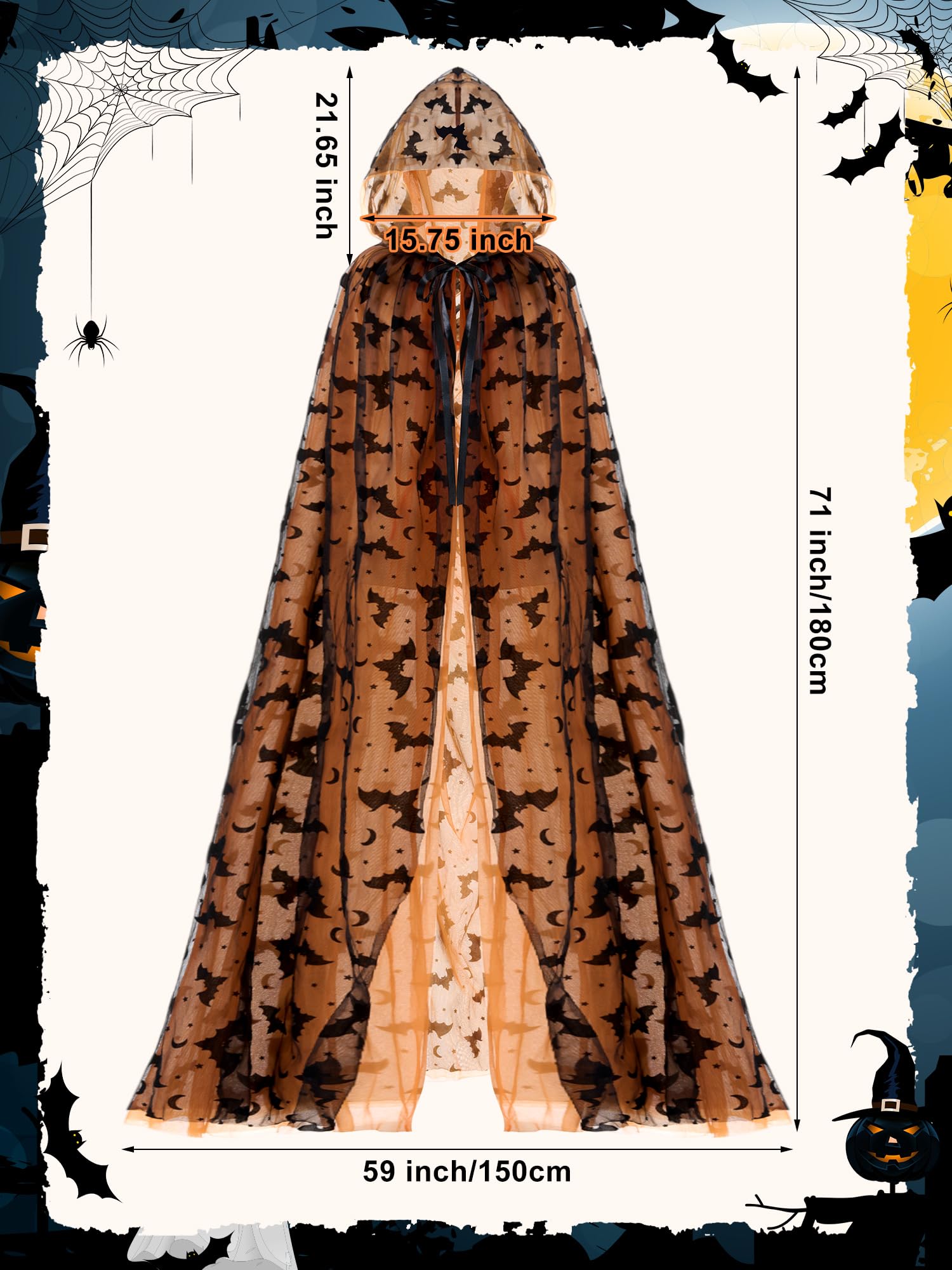 Orange Witch Lace Hooded Cape – Gothic Bat Pattern Halloween Cloak for Women
