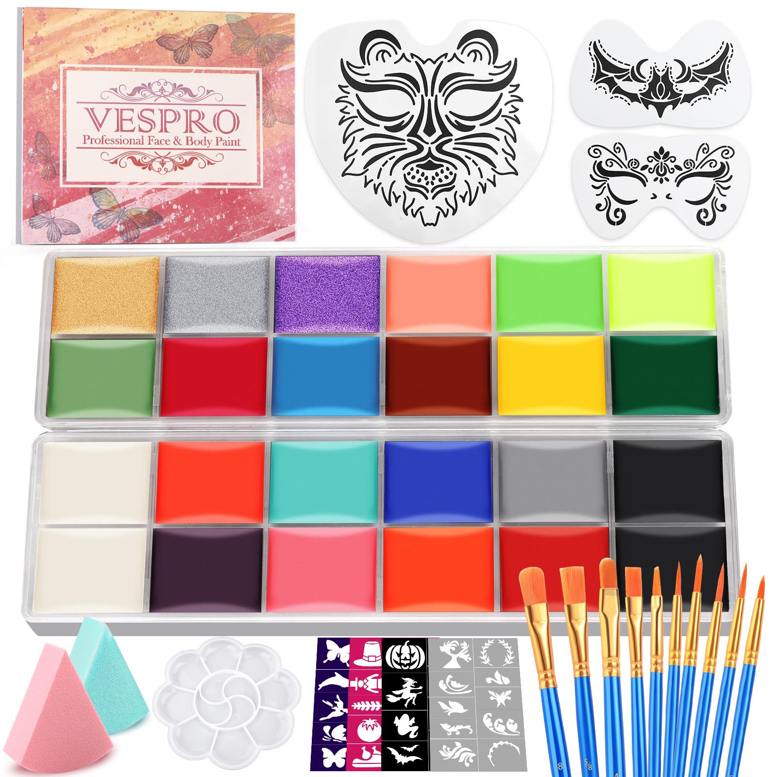 22-Color Halloween Face Paint Kit – Oil-Based Professional Body Paint Set with Brushes, Stencils & Sponges