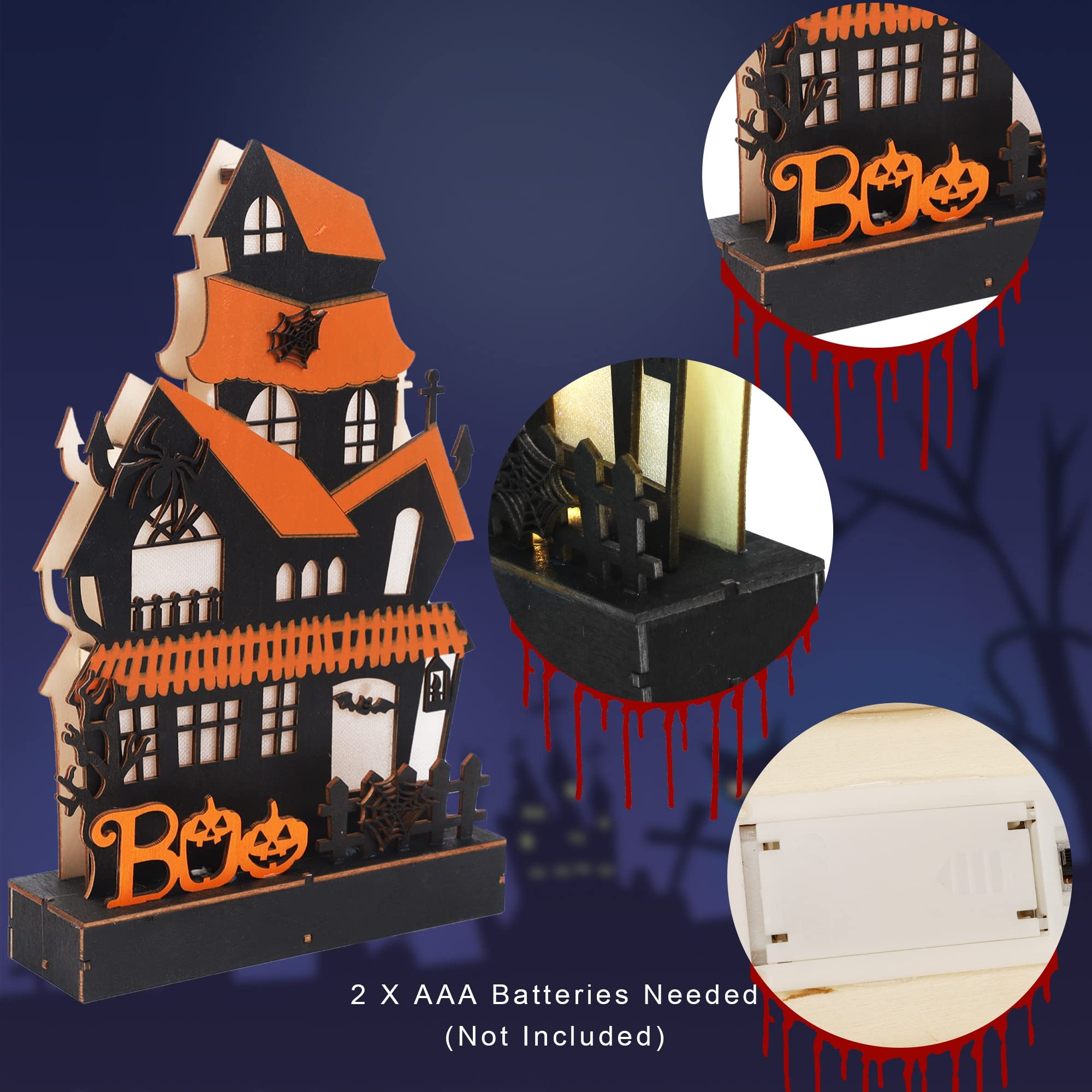 Lulu Home Lighted Wooden Halloween House – Tabletop Boo Villa with LED Lights & Classic Spooky Design (Orange, 10.6x6.7 in)