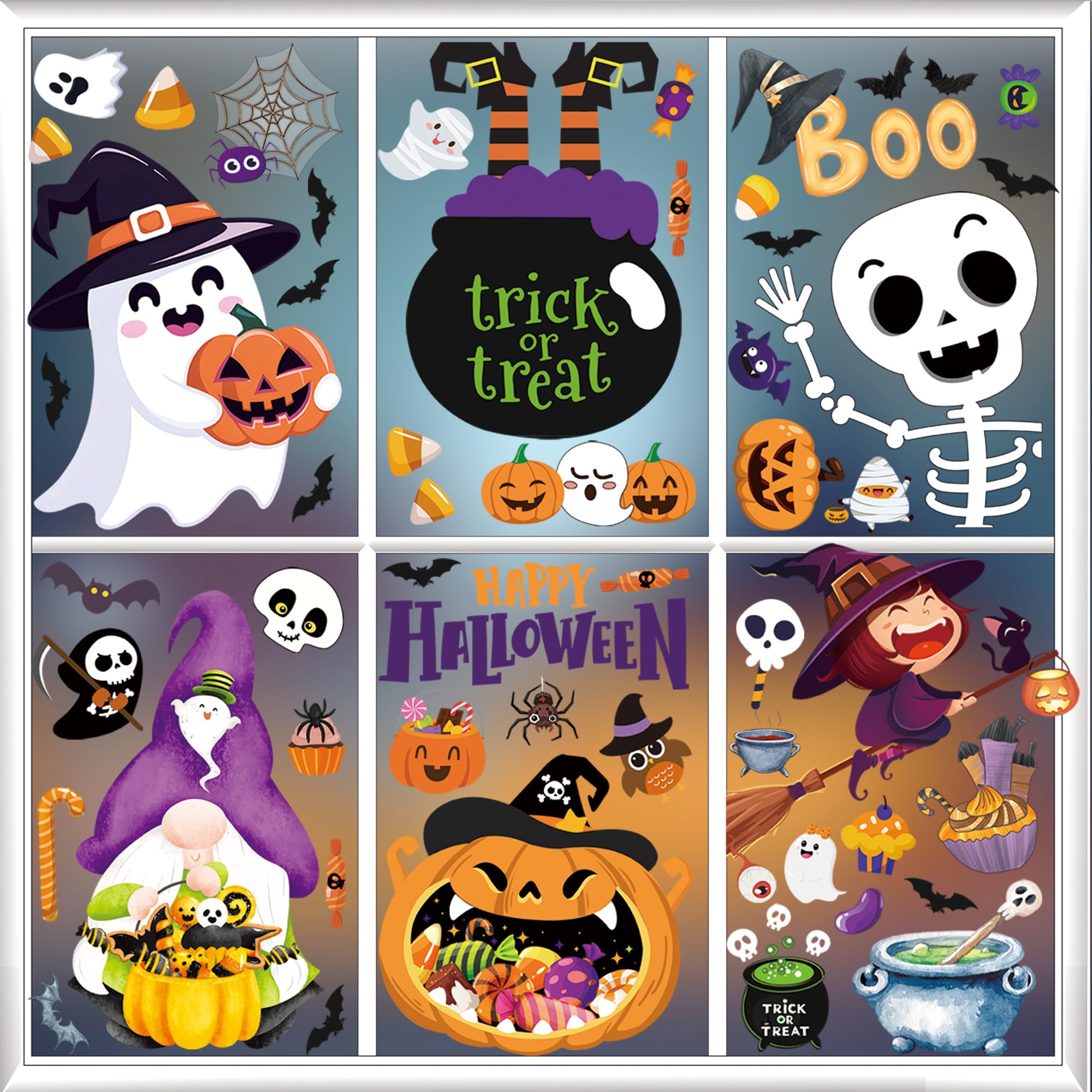 9 Sheets Halloween Window Clings Cute Window Stickers for Home Party Supplies Halloween Decoration with Pumpkin Bat Ghosts Witch for Home/Office/School Windows