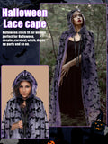 Purple Gothic Witch Lace Cape with Hood – Bat Pattern Halloween Cloak for Women (71" Length)