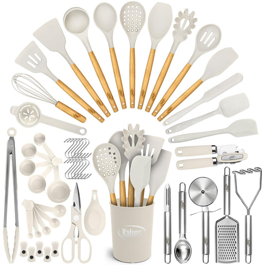 50-Piece Silicone Kitchen Utensil Set with Wooden Handles & Storage Holder