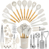 50-Piece Silicone Kitchen Utensil Set with Wooden Handles & Storage Holder