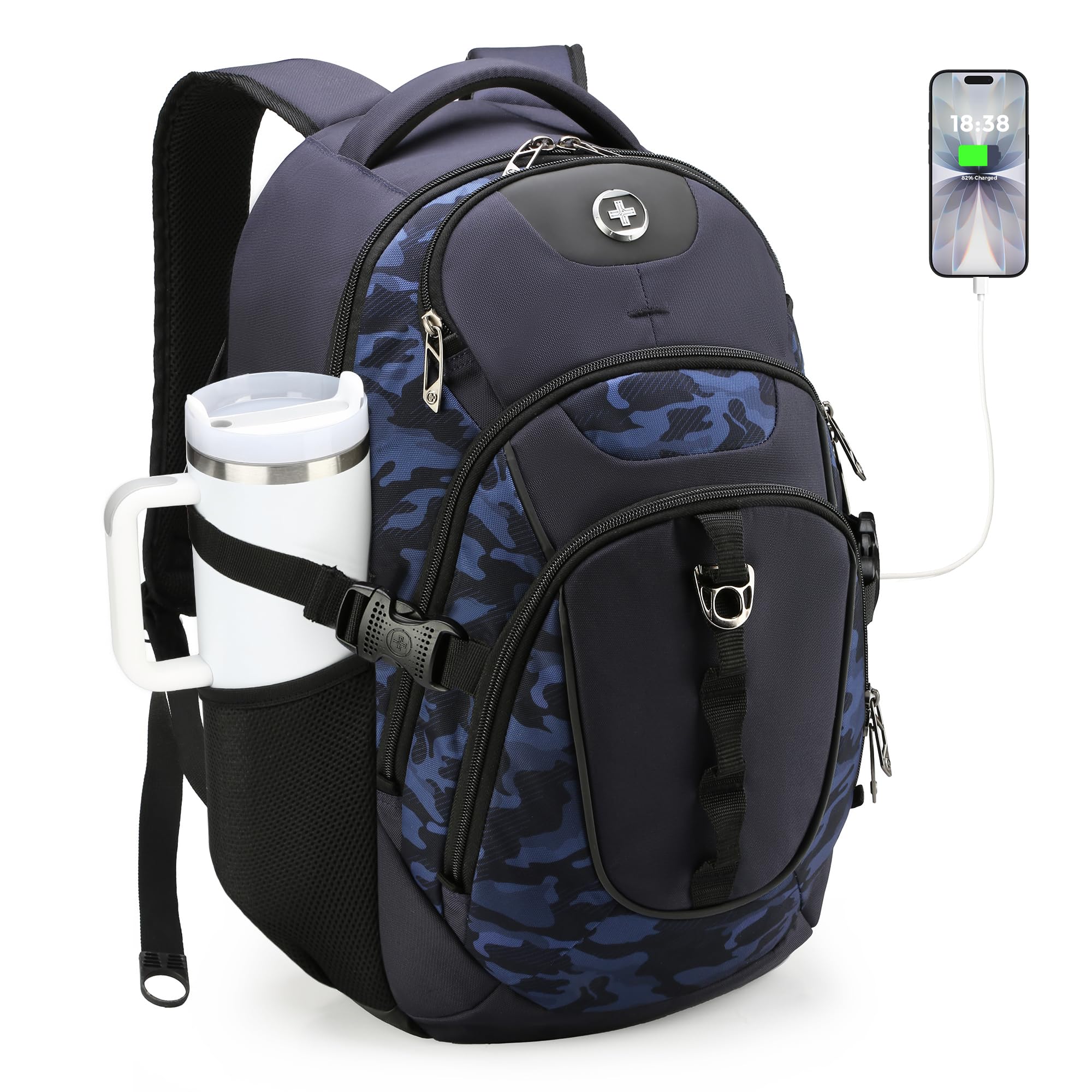 Swissdigital Design Laptop Backpack with USB-C Charging & RFID Protection – 31L Travel & College Backpack (Blue Camo)