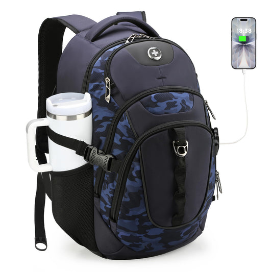 Swissdigital Design Laptop Backpack with USB-C Charging & RFID Protection – 31L Travel & College Backpack (Blue Camo)