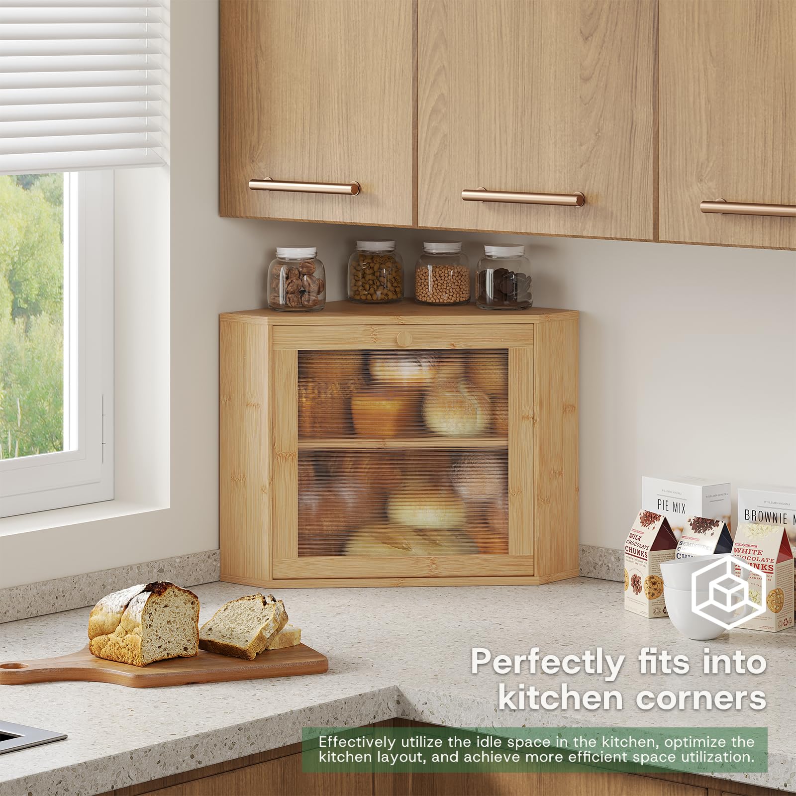 Large Corner Bamboo Bread Box with Adjustable Shelf & Wavy Acrylic Door for Kitchen Countertop