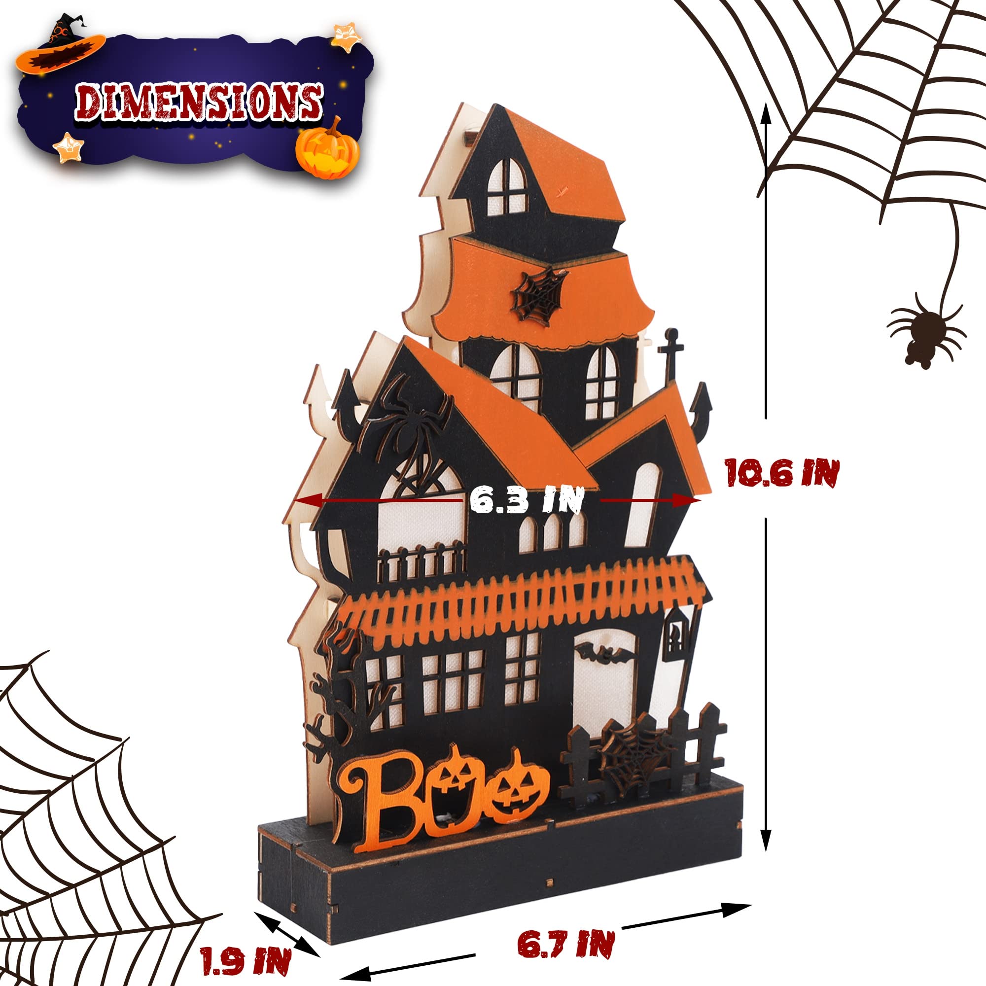 Lulu Home Lighted Wooden Halloween House – Tabletop Boo Villa with LED Lights & Classic Spooky Design (Orange, 10.6x6.7 in)
