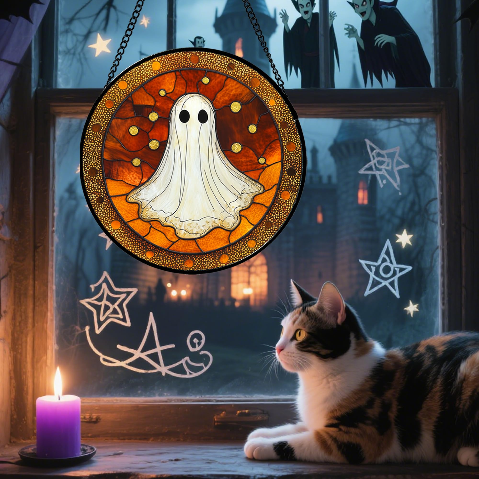 Halloween Stained Glass Window Hanging 🎃 – White Ghost Suncatcher with Pumpkins & Bats