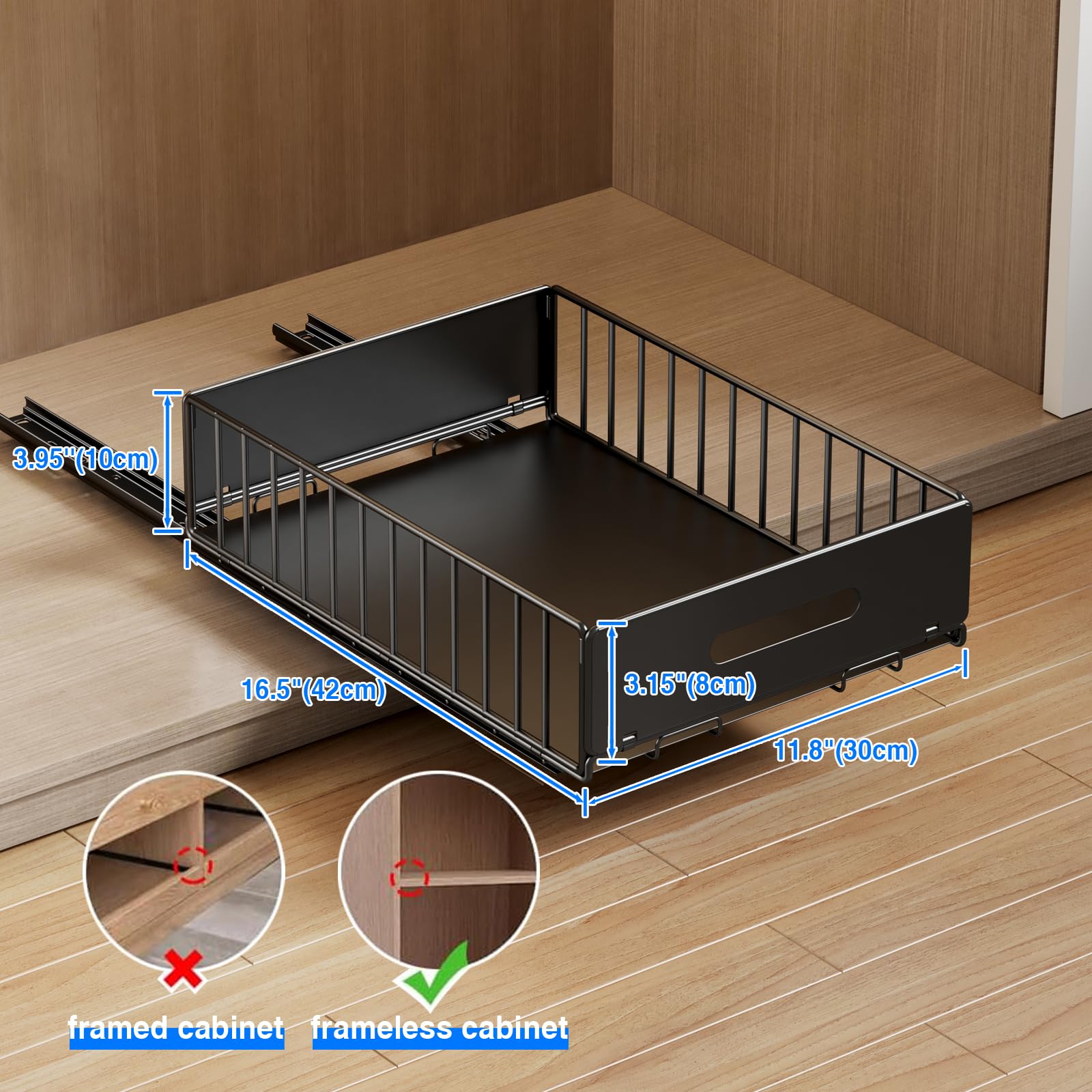 Peel & Stick Pull-Out Cabinet Organizer – 2-Pack Silent Sliding Drawers in Heavy-Duty Carbon Steel (Black)