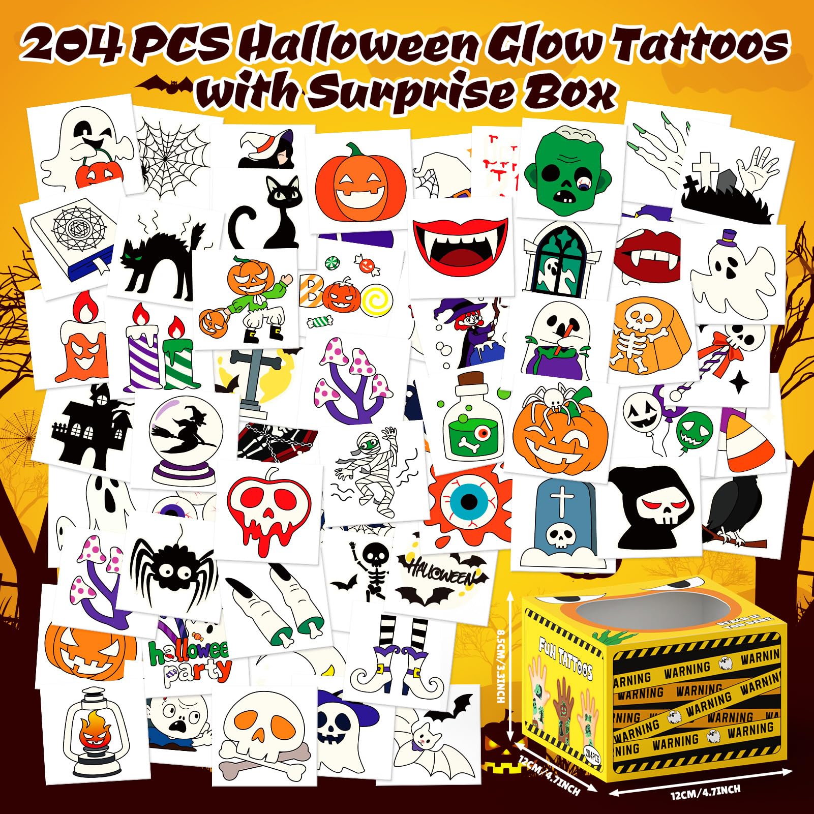Halloween Glow Tattoos for Kids – 204 Count with Mystery Prize Box (Colorful Design)