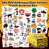 Halloween Glow Tattoos for Kids – 204 Count with Mystery Prize Box (Colorful Design)