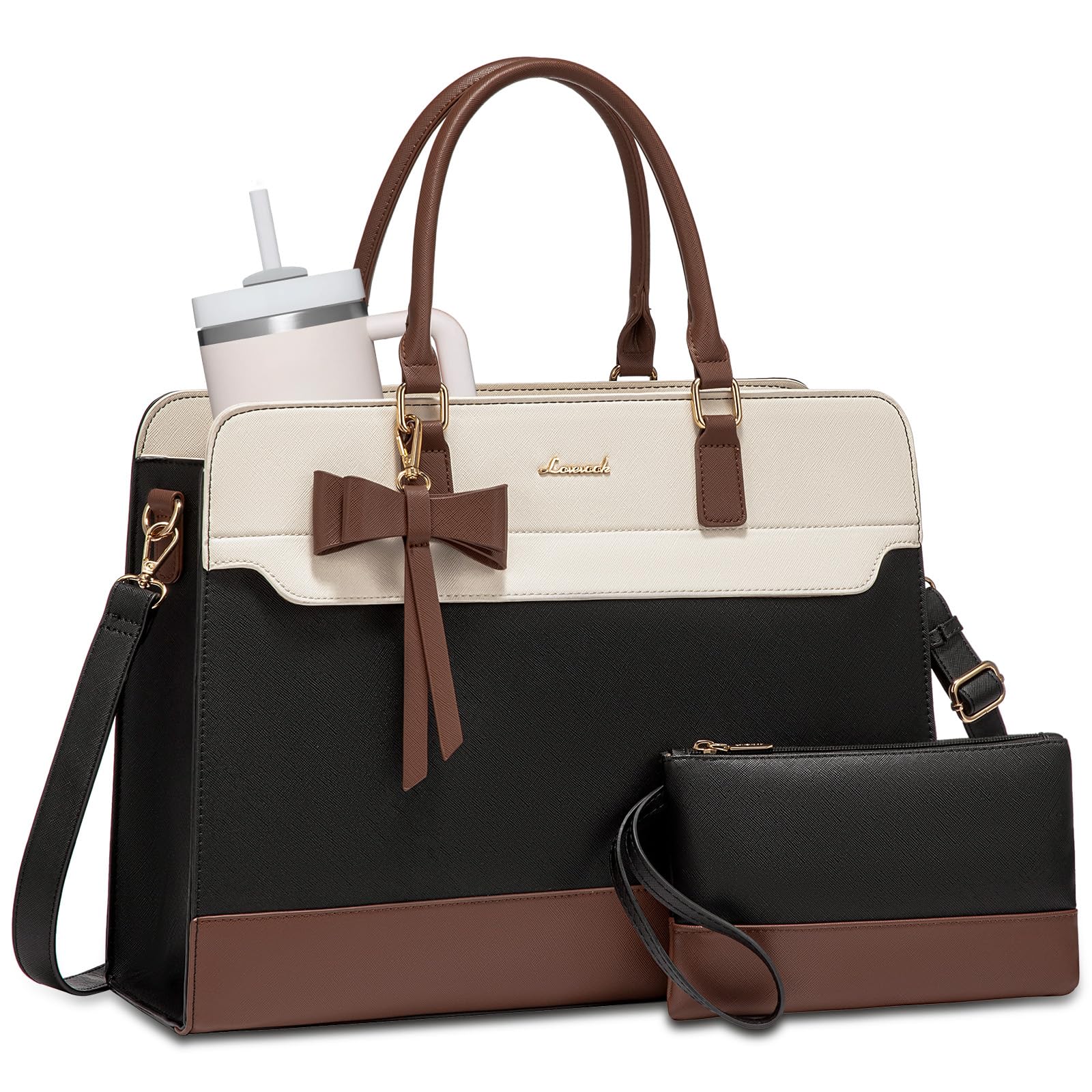 LOVEVOOK Laptop Tote Bag for Women – Waterproof Leather Work Bag with Stanley Cup Holder, 15.6” Laptop Compartment & Shoulder Strap (Black/White/Brown)