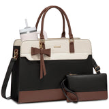 LOVEVOOK Laptop Tote Bag for Women – Waterproof Leather Work Bag with Stanley Cup Holder, 15.6” Laptop Compartment & Shoulder Strap (Black/White/Brown)