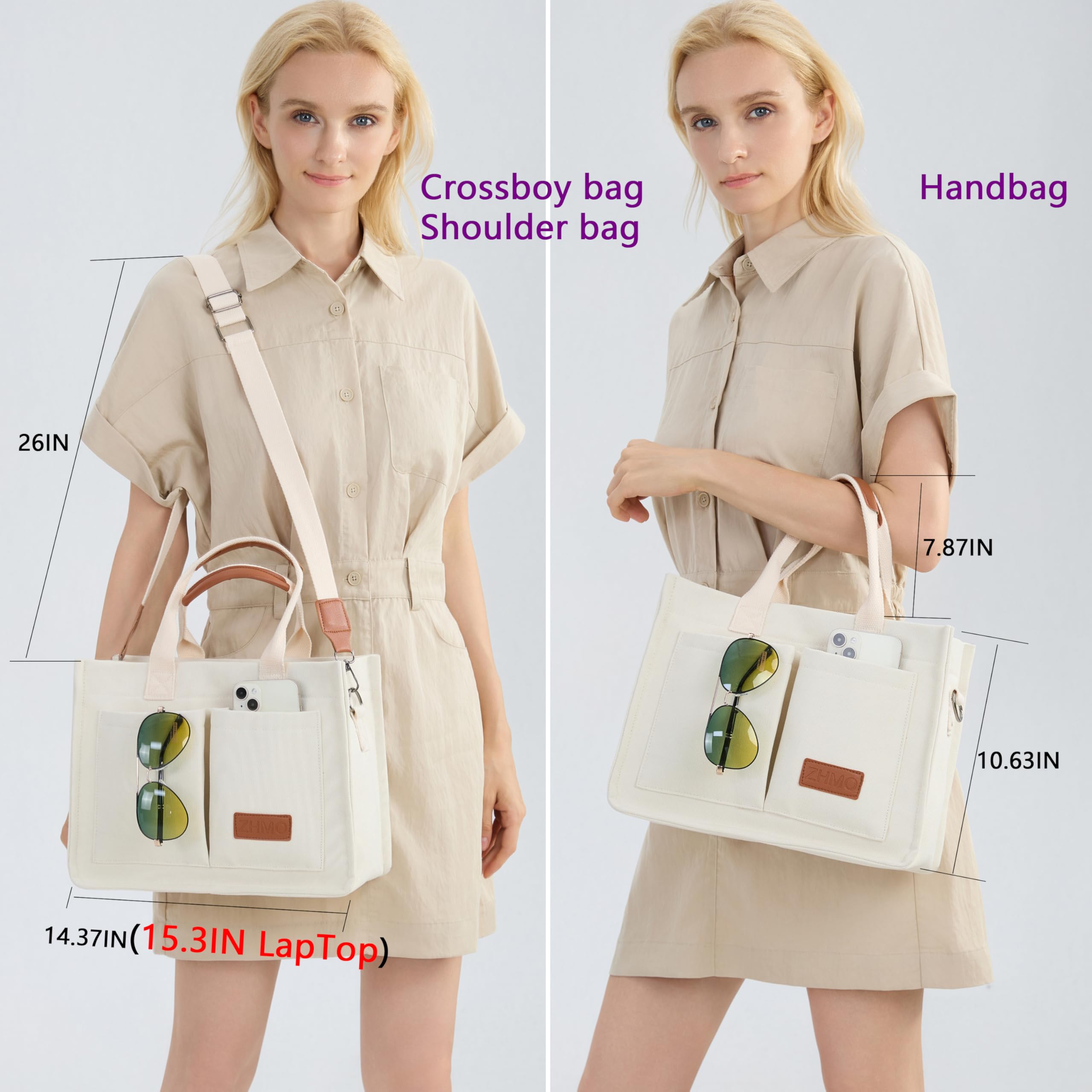 ZHMO Canvas Tote Bag for Women – Large Laptop Work Tote with Compartments, Shoulder & Crossbody Carry (Beige)