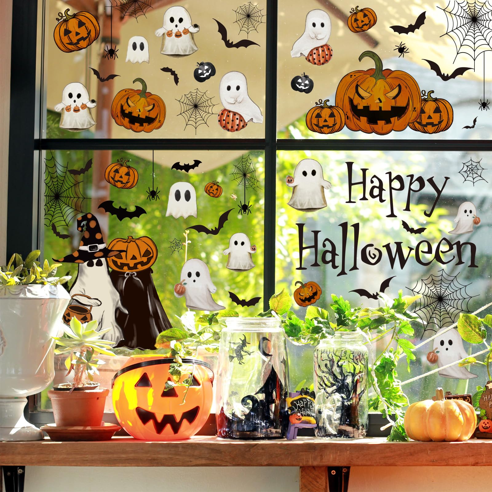 Vintage Halloween Window Clings – 6 Double-Sided PVC Sheets with Ghosts, Pumpkins, Cats & Bats