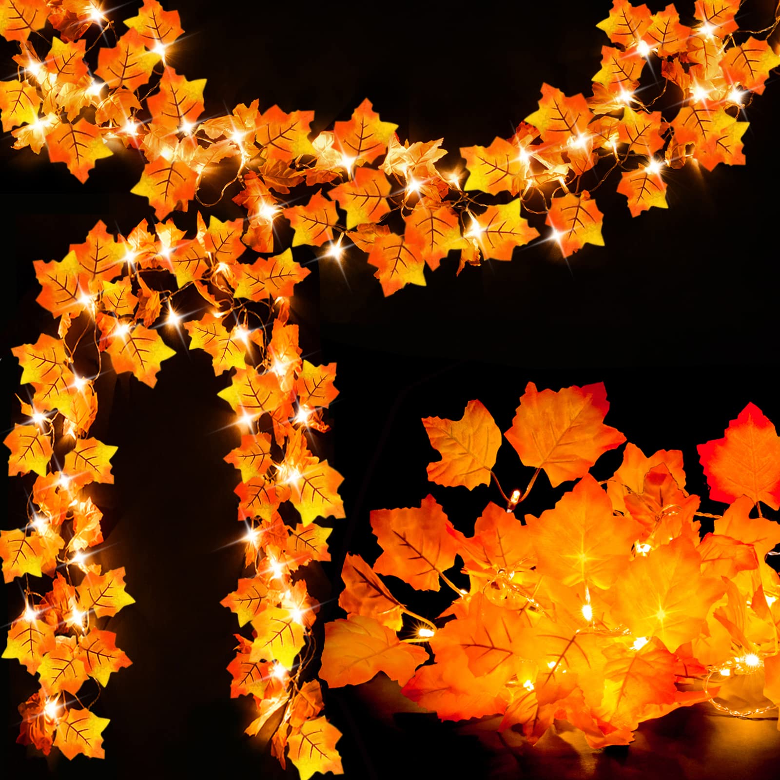 Maple Leaf String Lights – 2 Pack 8.2ft Battery Operated Fall Garland with 40 LEDs & 80 Leaves, Warm Yellow Thanksgiving & Autumn Decor