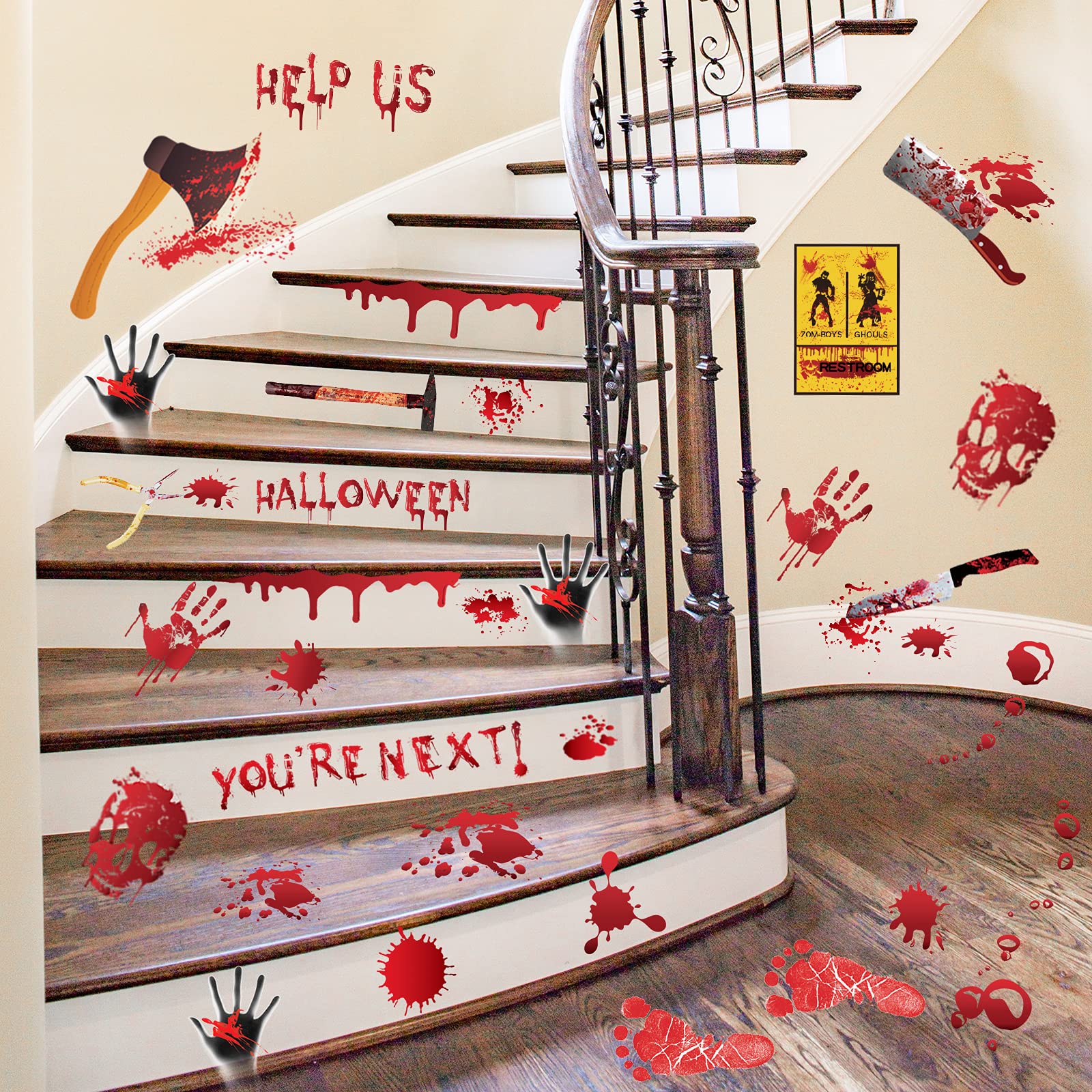 Bloody Handprint & Footprint Halloween Window Stickers – 84PCS Creepy Bathroom & Wall Decals (Color01, Reusable PVC)