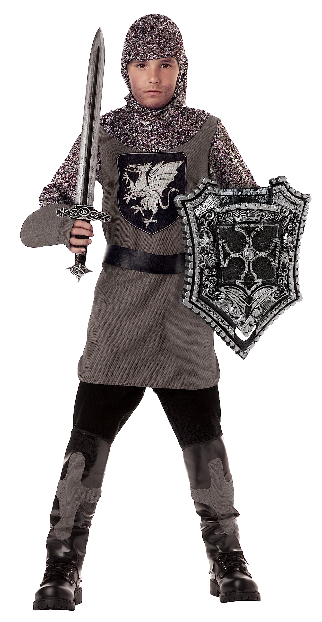 Kids Gray Medieval Knight Costume – Tunic, Hood, Gauntlets & Belt by California Costumes ⚔️👑
