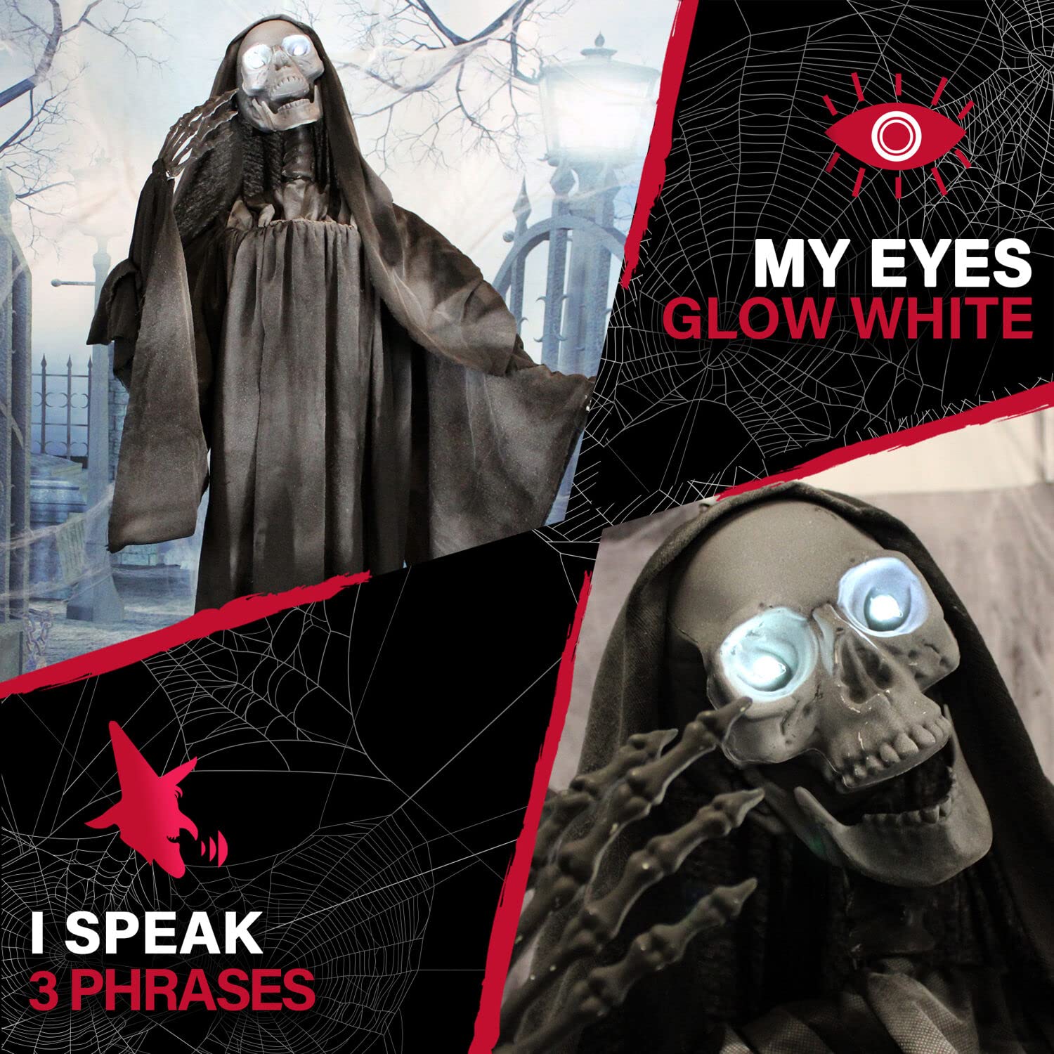 Haunted Hill Farm 63-in. Talking Reaper Halloween Animatronic, Indoor or Outdoor Halloween Decoration with Flashing White Eyes, Poseable and Battery Operated Fright Props for Home or Haunted House