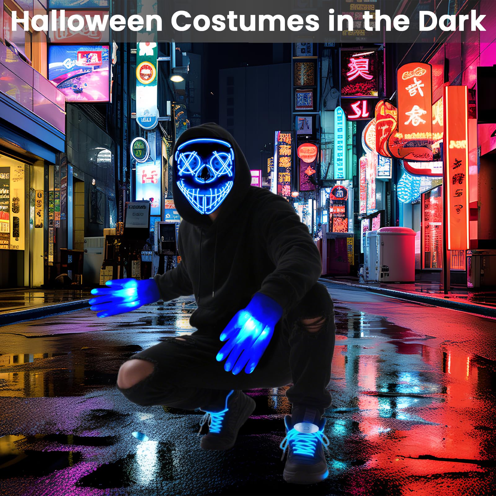 Halloween LED Light-Up Costume Set – Blue Purge Skeleton Mask, Glow Gloves, Shoelaces & Hooded Cloak for Kids & Adults