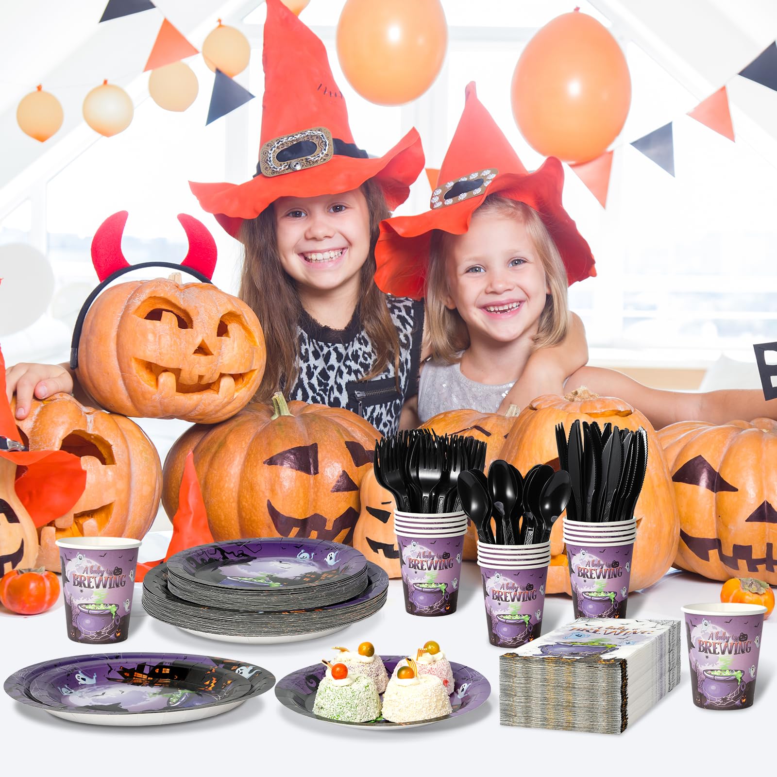 Halloween Baby Shower Party Supplies Set – Purple “A Baby is Brewing” Plates, Cups, Napkins & Cutlery for 25 Guests