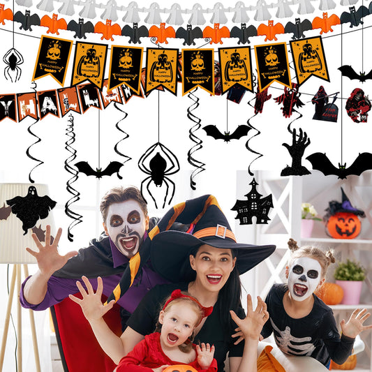Halloween Party Decoration Kit – Complete Hanging Swirls & Banner Set with Bats, Ghosts & Pumpkins