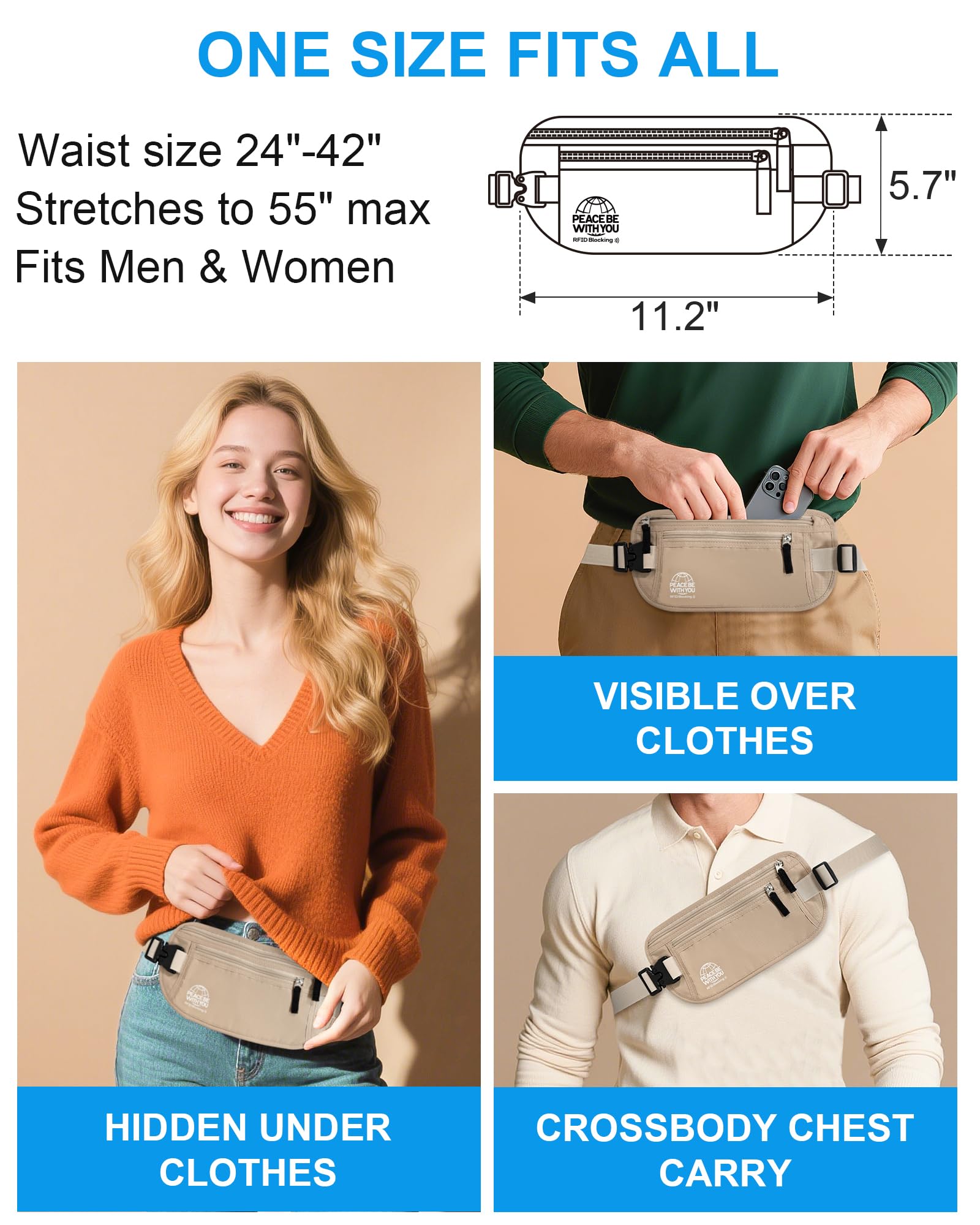 Hidden Travel Money Belt with RFID Blocking – Sweat-Proof Waist Wallet for Secure Storage (Beige)
