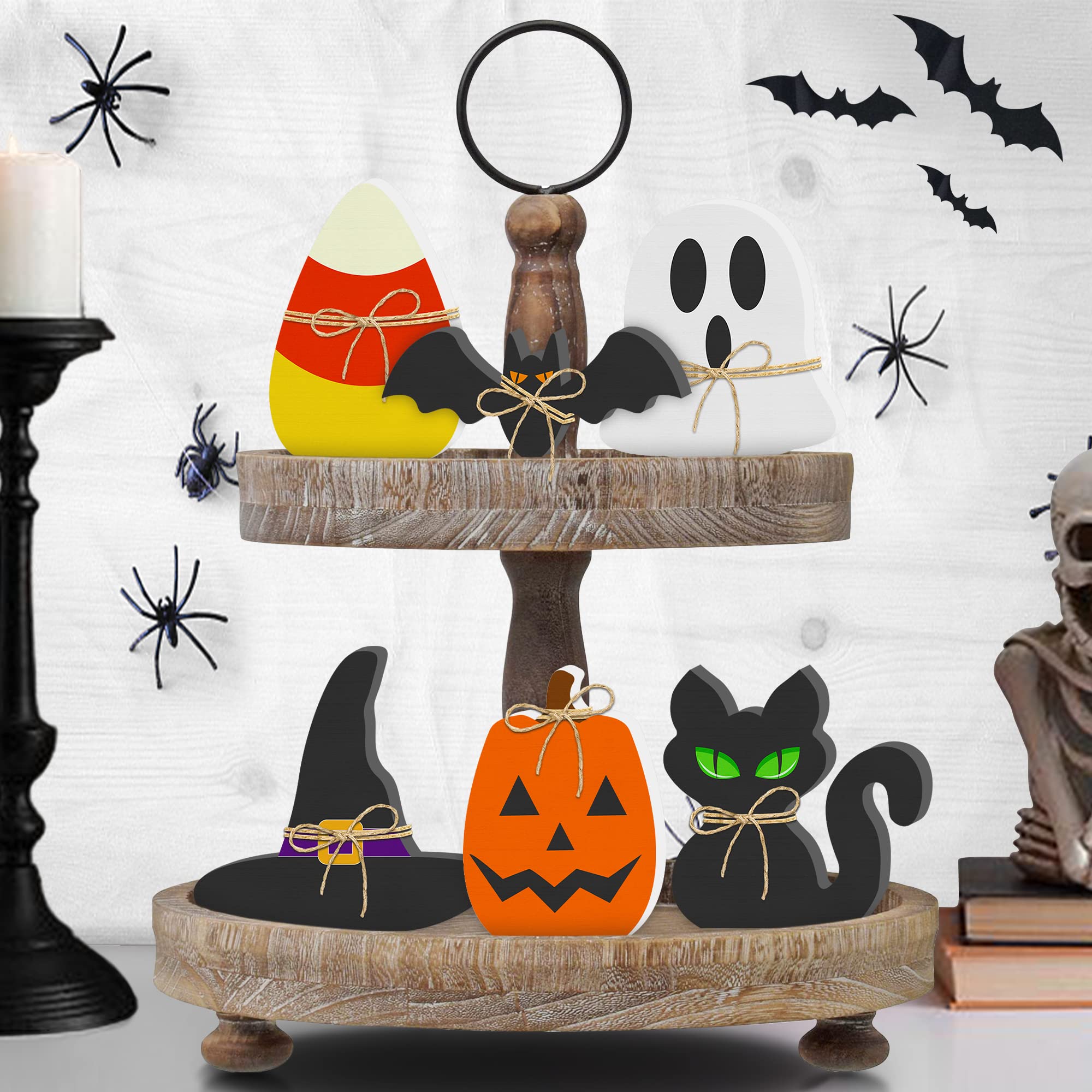 Halloween Wooden Tiered Tray Decor Set – 6PCS Rustic Signs (Pumpkin, Ghost, Cat, Bat, Witch Hat & Candy Corn)