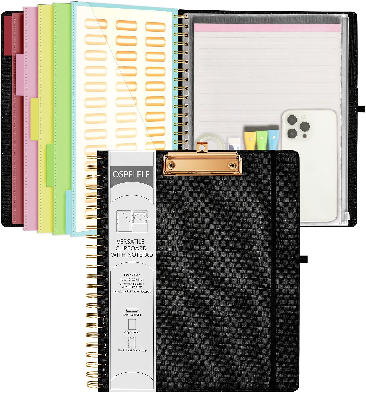 Purple Foldable Clipboard Folio with 10 Storage Pockets