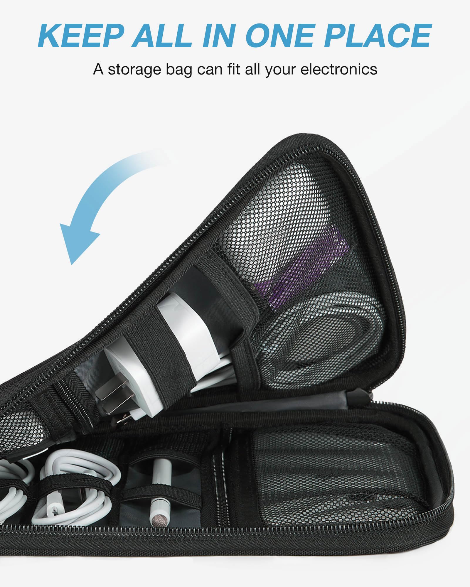 Travel Electronics Organizer Case – Portable Cable Organizer Bag with Dual Zippers, Mesh Pockets & Elastic Loops for Chargers, SD Cards, Power Banks and Accessories