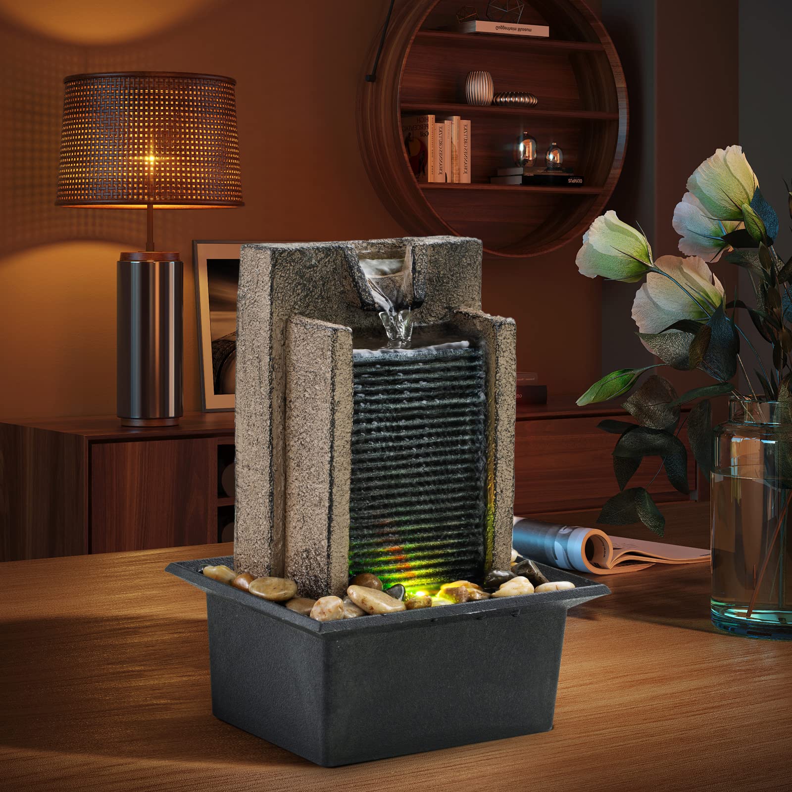 LED Mini Rock Waterfall Table Fountain with Natural Stone Design, Indoor Meditation Water Feature & Quiet Circulating Pump – Decorative Zen Fountain