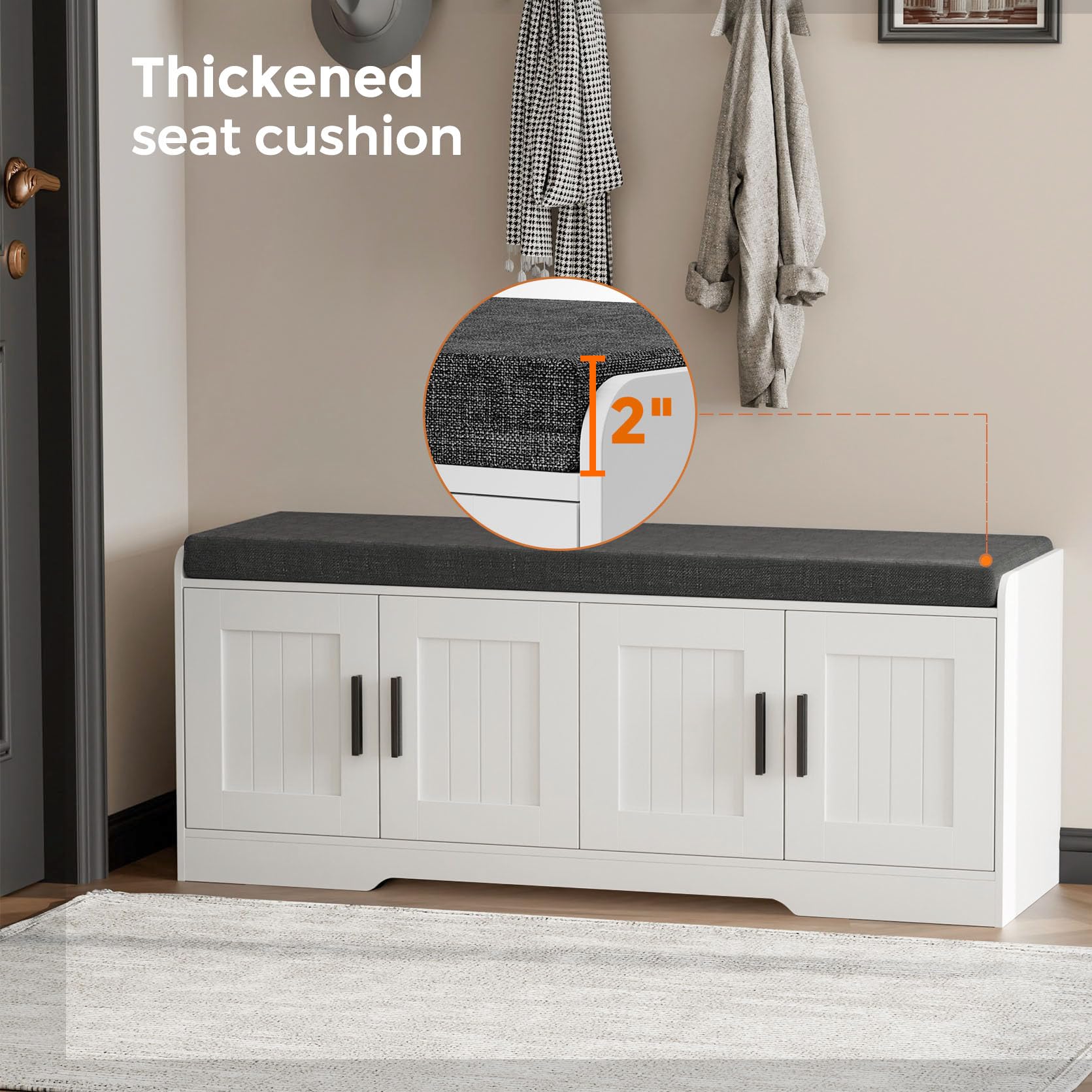 HOMLEKE 2-Tier Shoe Storage Bench with Padded Seat – Modern Entryway Bench with Adjustable Shelves & Doors (White)