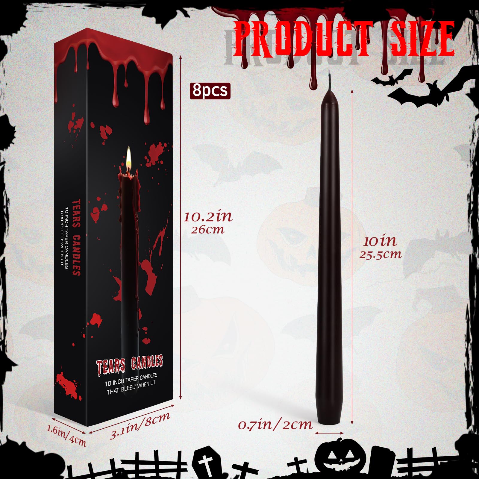 Set of 8 Halloween Bleeding Taper Candles 10 inch Black Taper Candles,Tears Taper Candle for Gothic Halloween Decoration