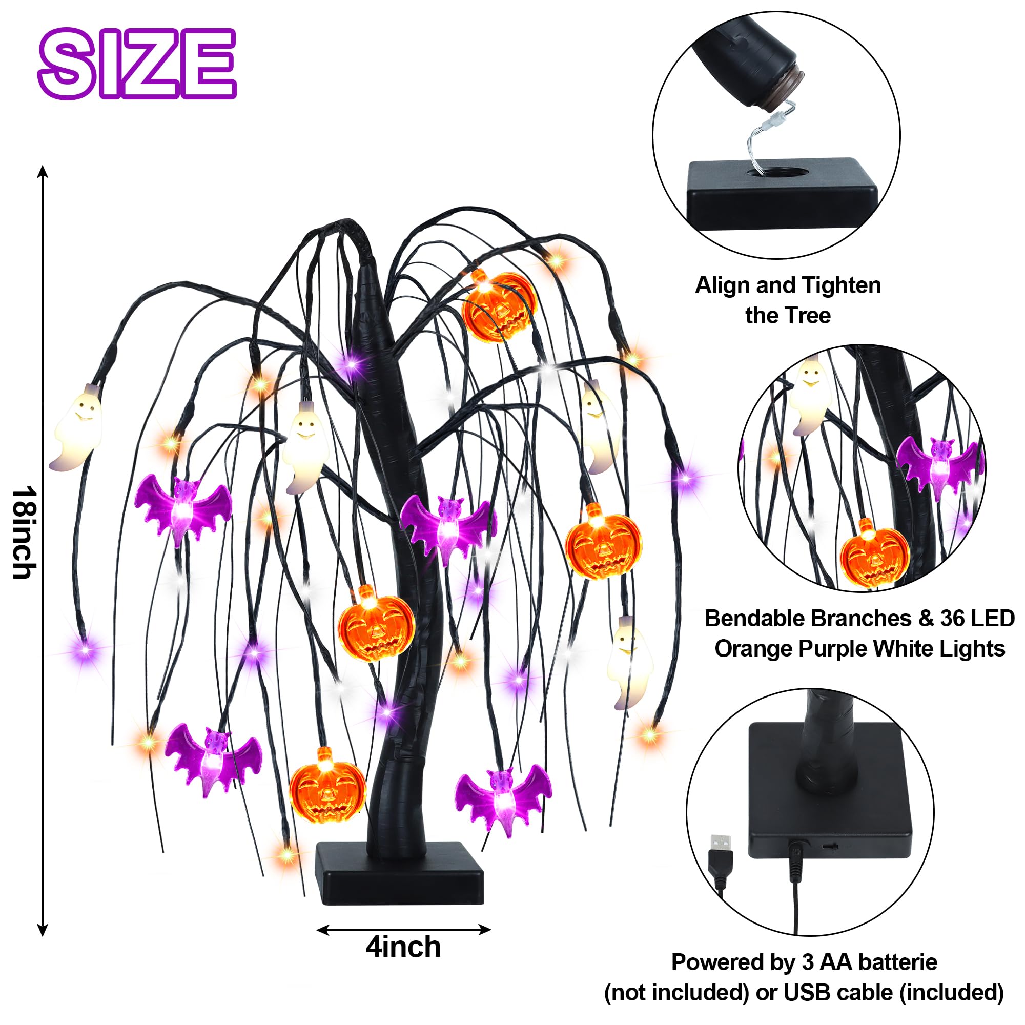 Light-Up Halloween Tree – 24 LED Black Willow Tree with Pumpkin, Bat & Ghost Ornaments (USB & Battery Powered)