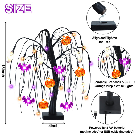 Light-Up Halloween Tree – 24 LED Black Willow Tree with Pumpkin, Bat & Ghost Ornaments (USB & Battery Powered)