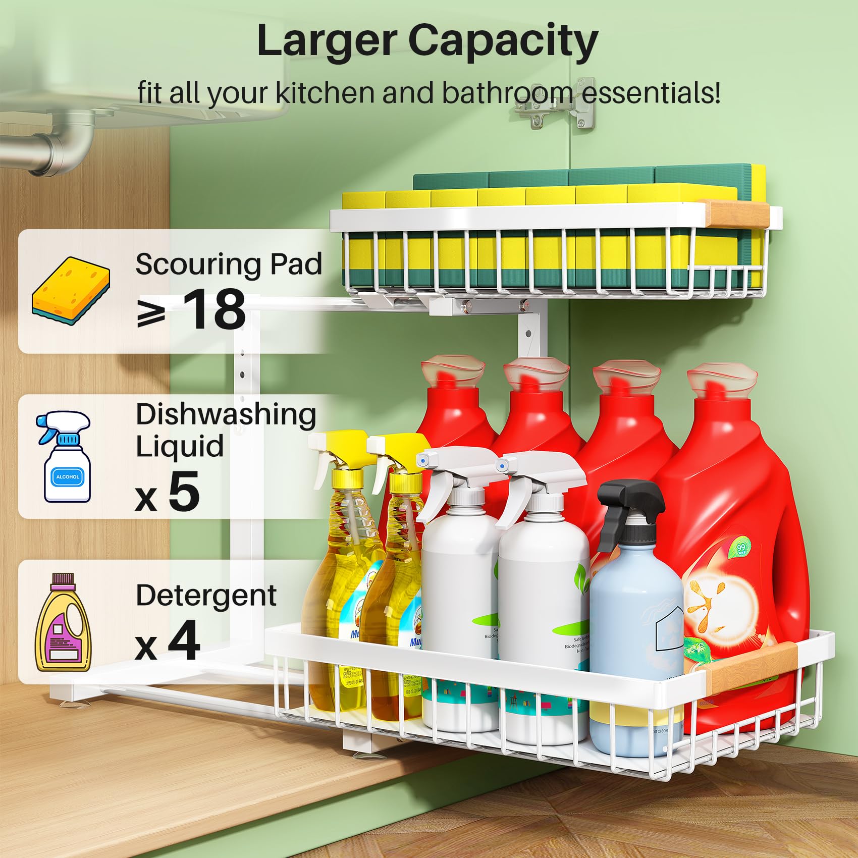 Kitstorack 2-Pack Under-Sink Pull-Out Organizer – Adjustable Height 2-Tier Sliding Cabinet Storage