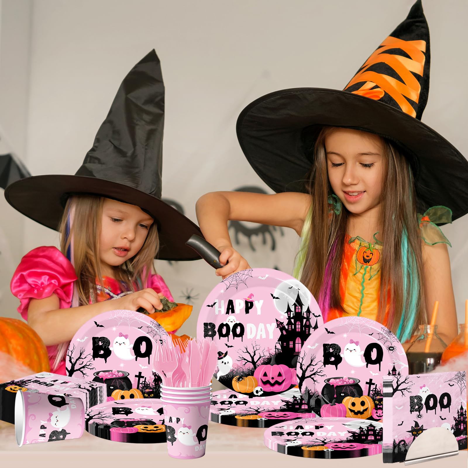 Happy Boo Day Halloween Party Supplies – 144 Pcs Pink Ghost & Pumpkin Plates, Cups, Napkins & Cutlery Set for 24 Guests