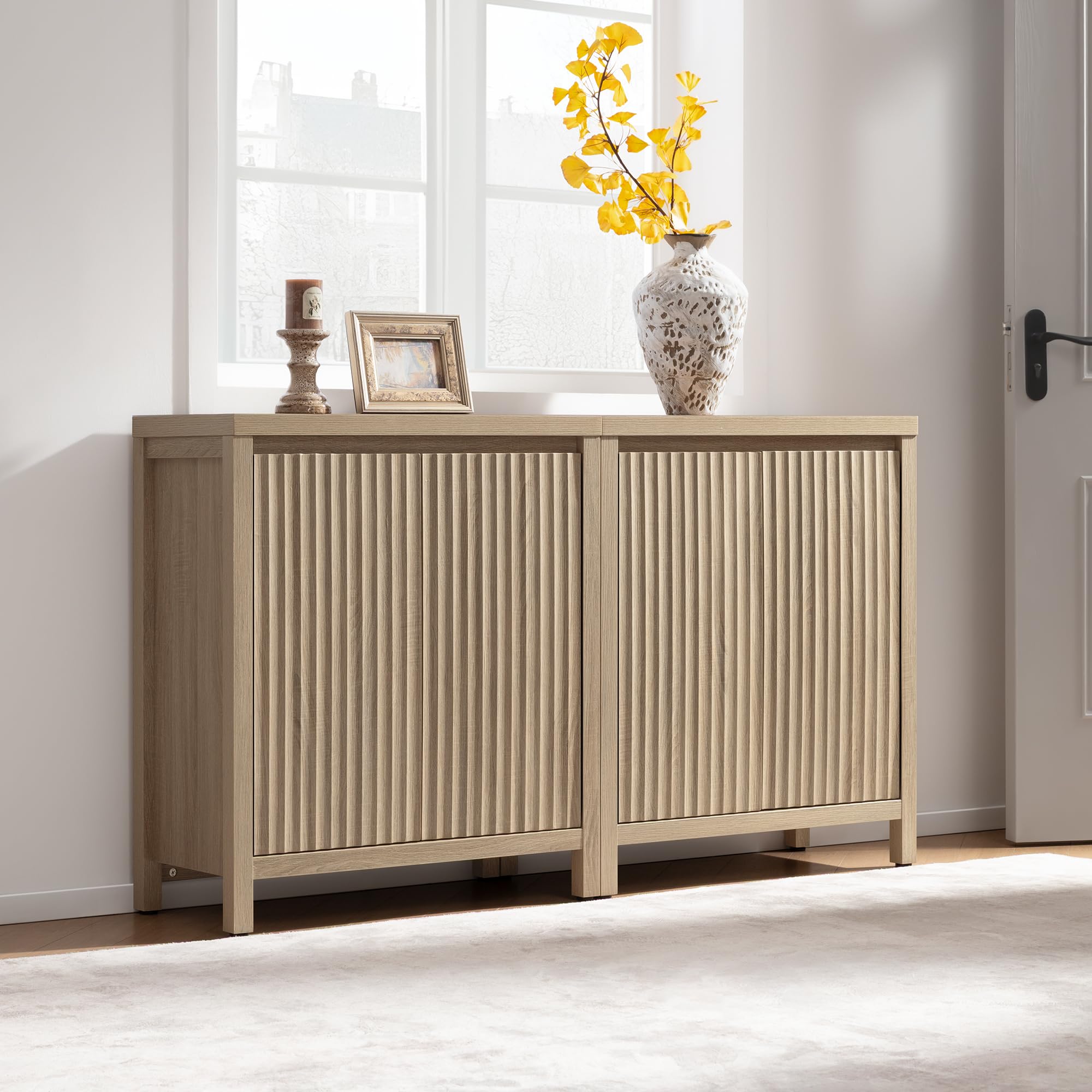 Sicotas Sideboard Buffet Cabinet with Storage – Fluted Credenza Console with Adjustable Shelves, Reclaimed Light Oak (2-Piece Set)