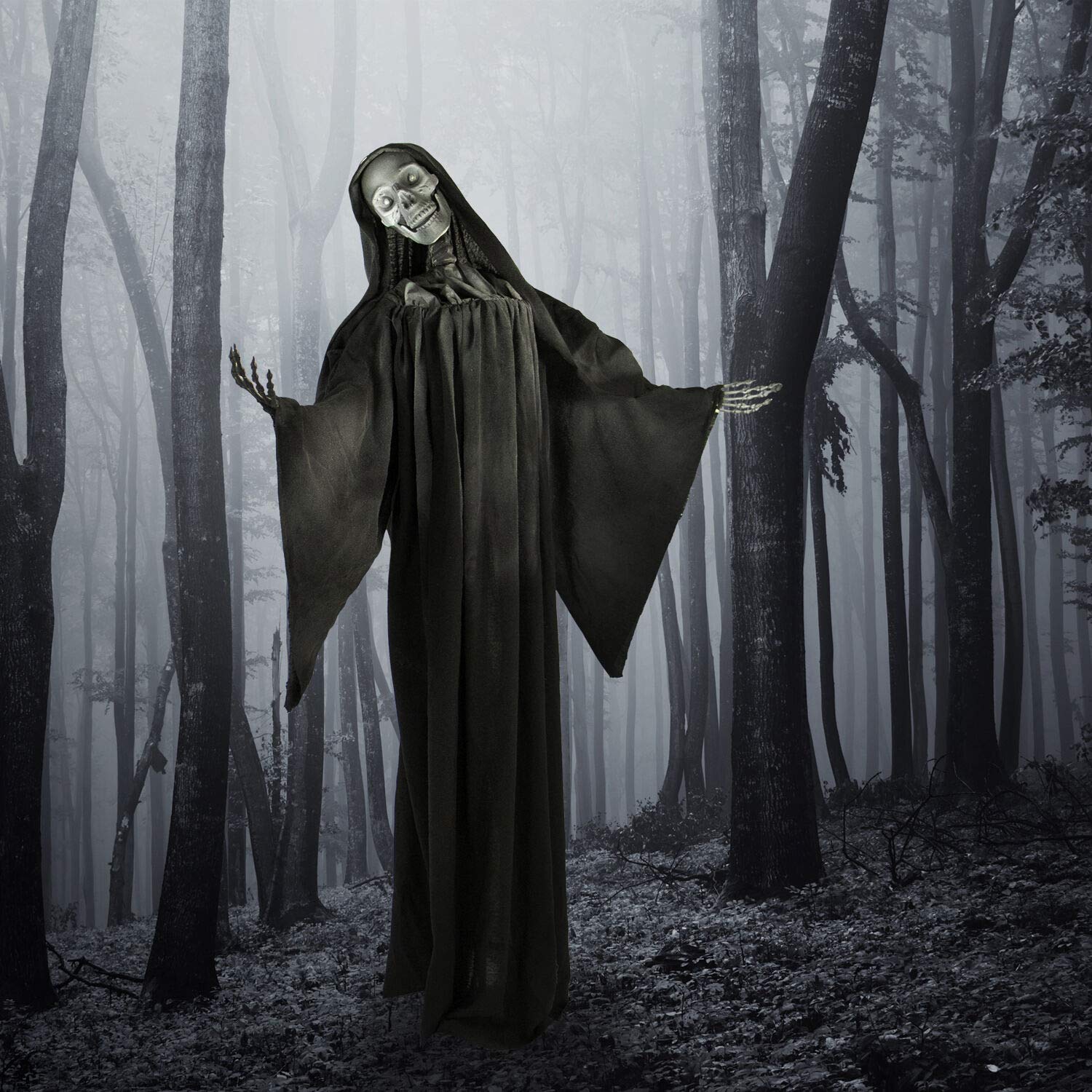 Haunted Hill Farm 63-in. Talking Reaper Halloween Animatronic, Indoor or Outdoor Halloween Decoration with Flashing White Eyes, Poseable and Battery Operated Fright Props for Home or Haunted House