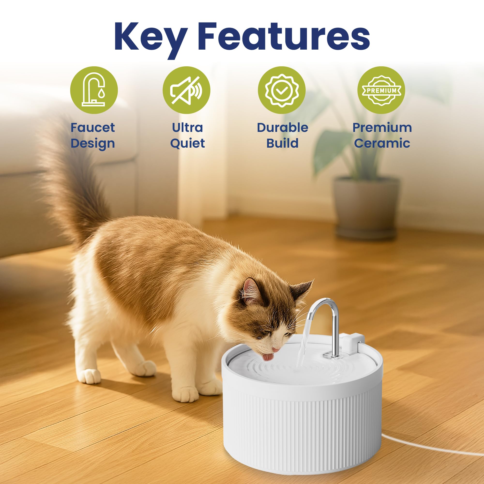 Luxury White Ceramic Cat Water Fountain with Faucet Spout – Ultra Quiet 5-Layer Filtration System