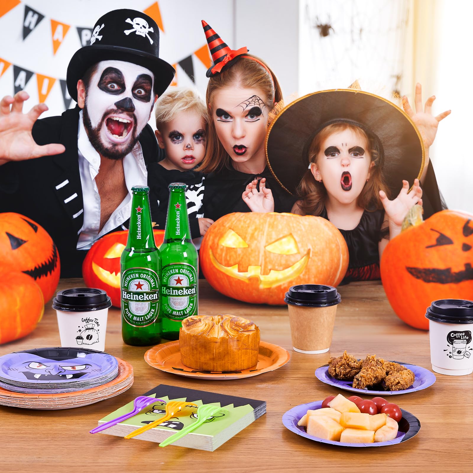 Halloween Party Plates & Napkins Set – 96 Pcs Orange, Purple & Green Ghost, Bat & Pumpkin Tableware for 24 Guests