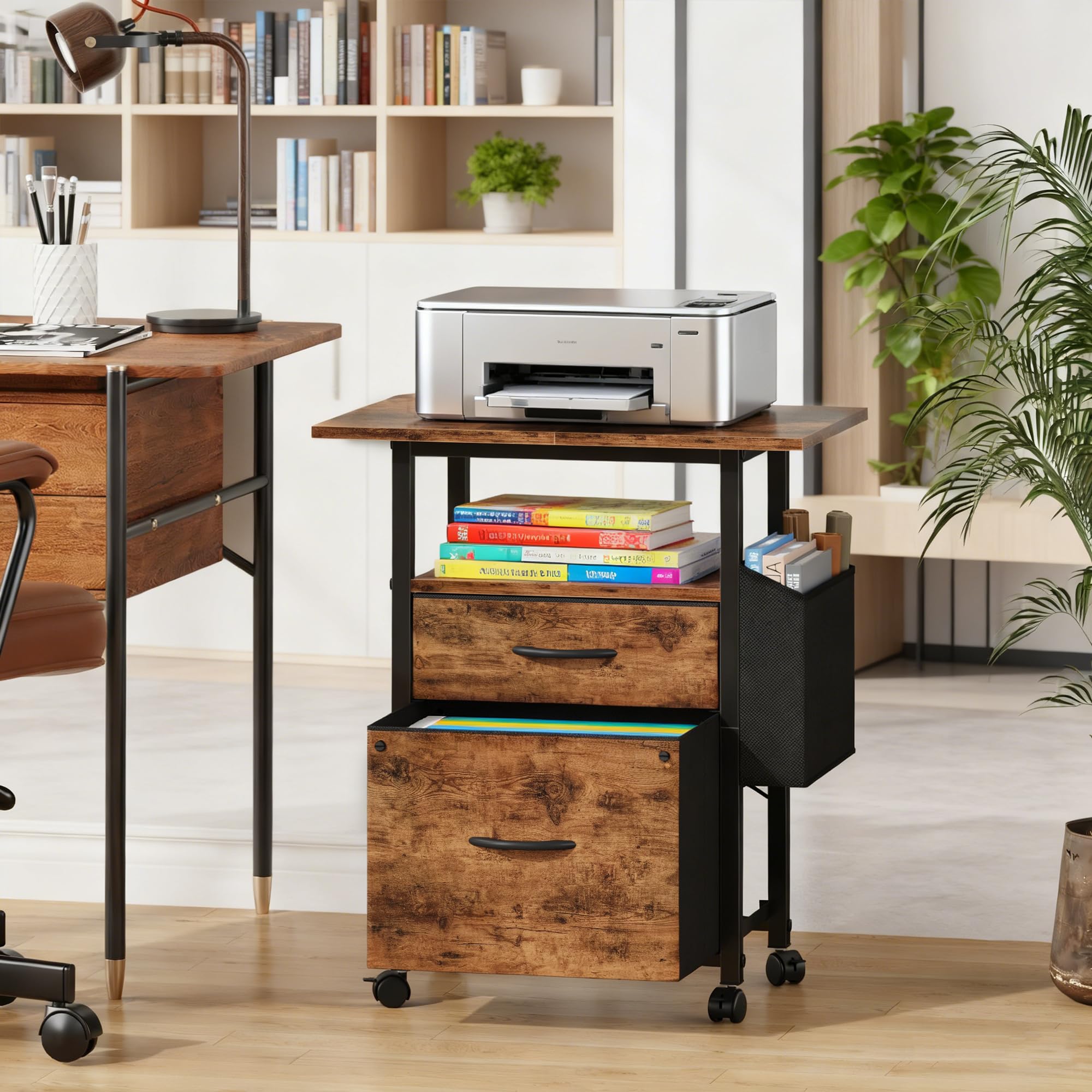 GYIIYUO 2-Drawer Rolling File Cabinet with 24” Extended Desktop – Mobile Filing Cabinet with Side Storage Bag (Light Brown)