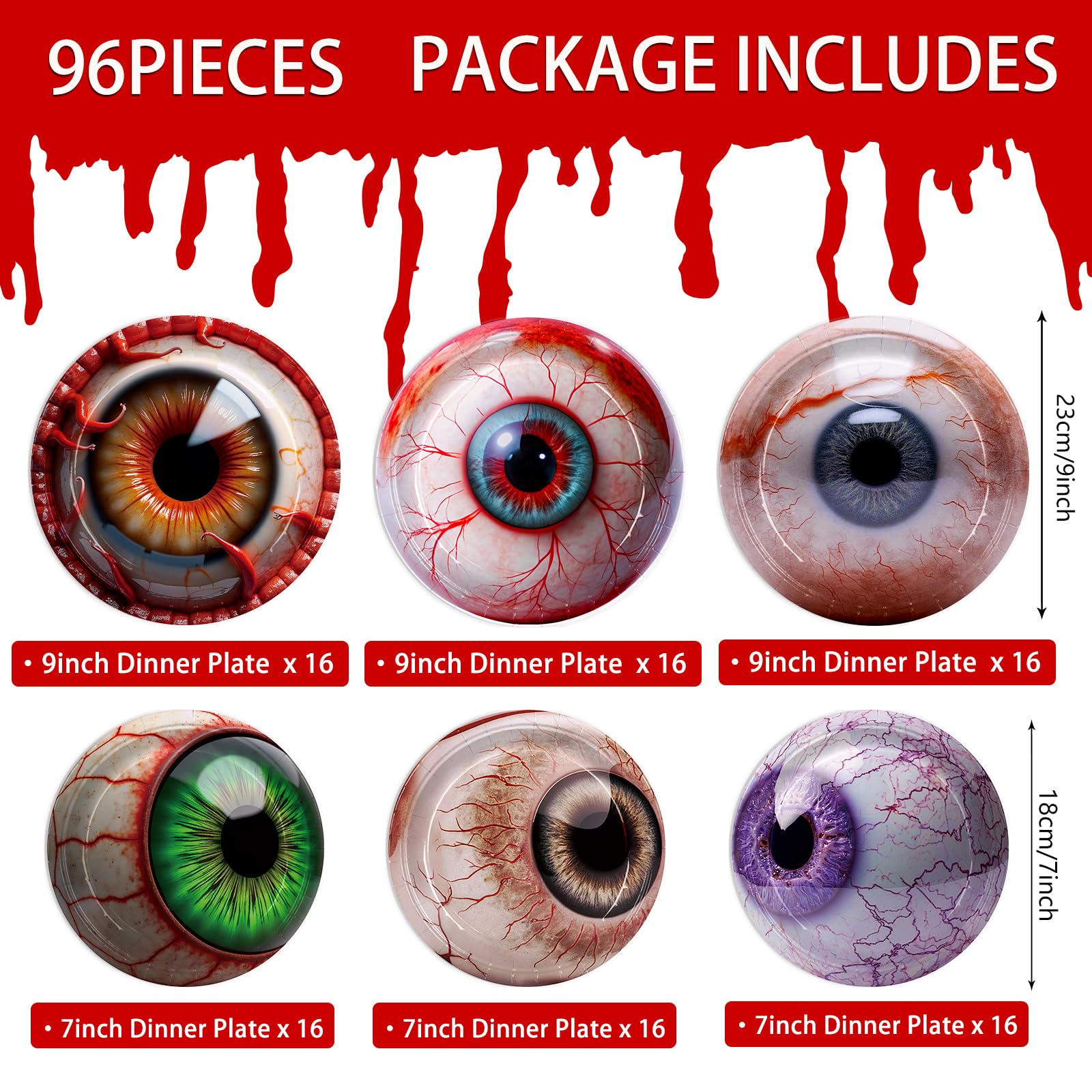 Halloween Eyeball Plates Set – 96 Pcs Disposable Dinner & Dessert Plates with Scary Eyes Design for Spooky Parties